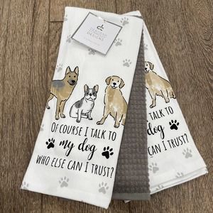 Set 3 DOGS Kitchen Towels OF COURSE I TALK TO MY DOG Doxie Frenchie Corgi Beagle